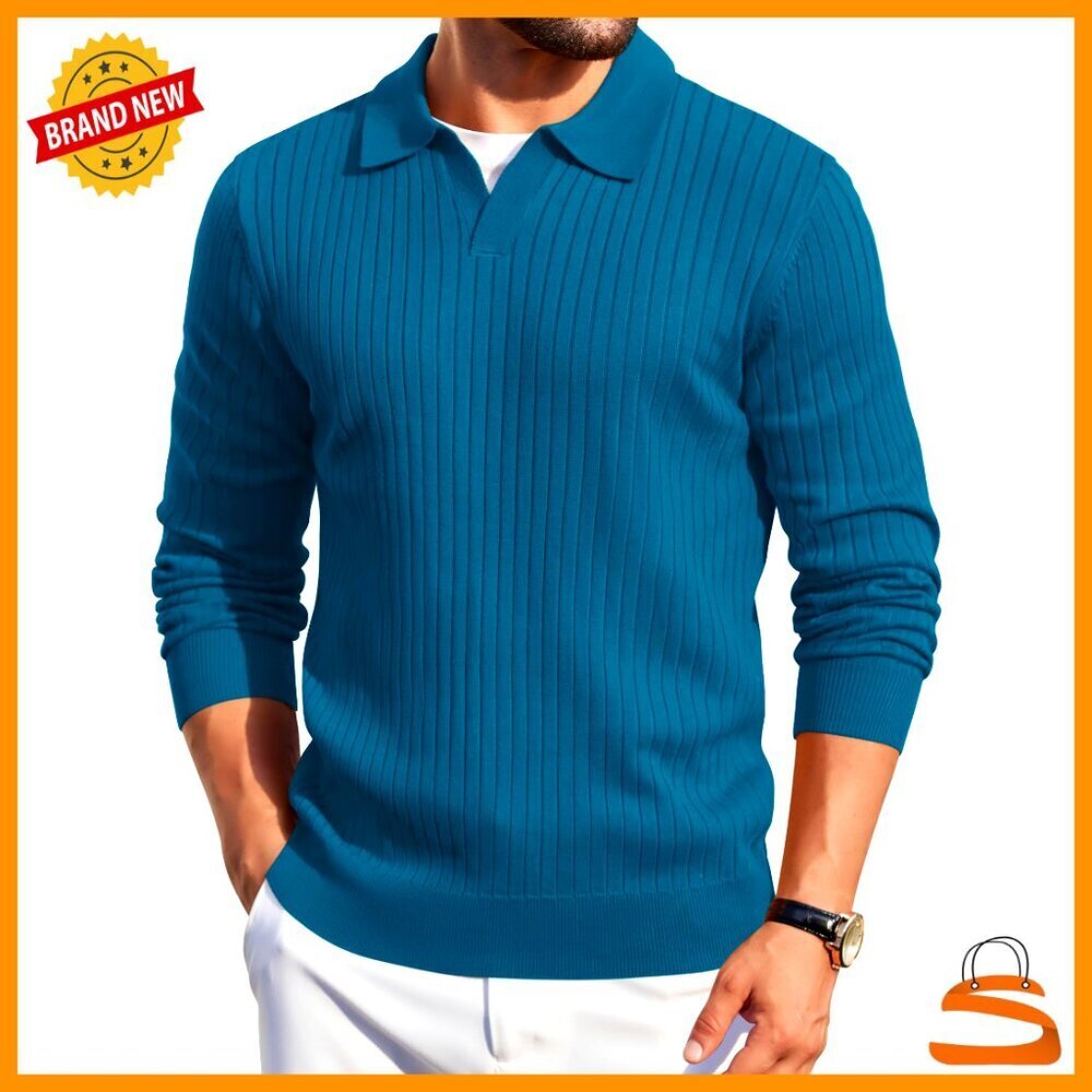 Knit Polo Sweater Long Sleeve V Neck Classic Preppy Casual Pullover Men's